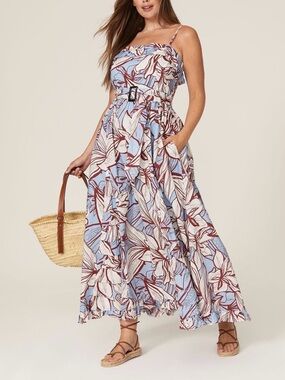 NICHOLAS Sky-Blue Floral Maxi Dress with Rust Leaf Print